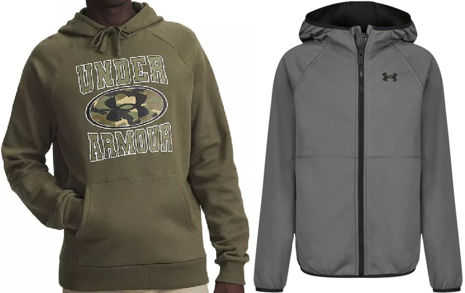 A person wearing a green hoodie with "Under Armour" printed on it, next to a gray zip-up jacket from Under Armour.