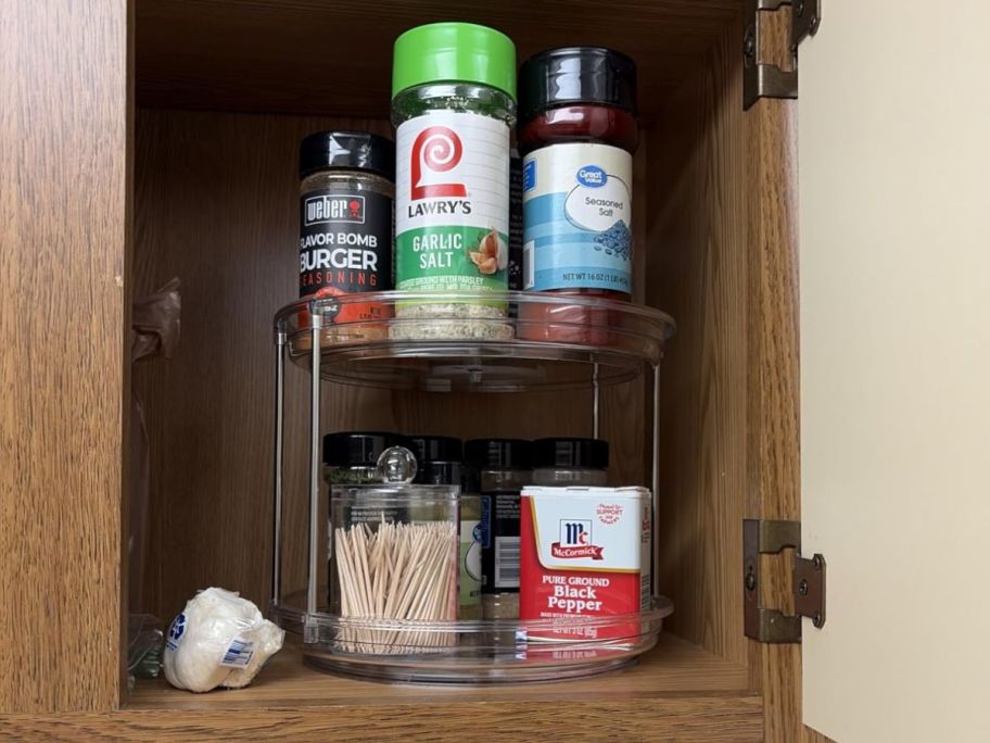 lazy susan turntable in cabinet