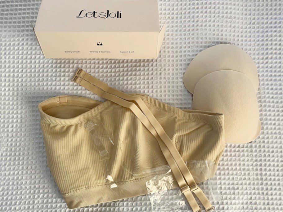 tan strapless bra with straps, and inserts