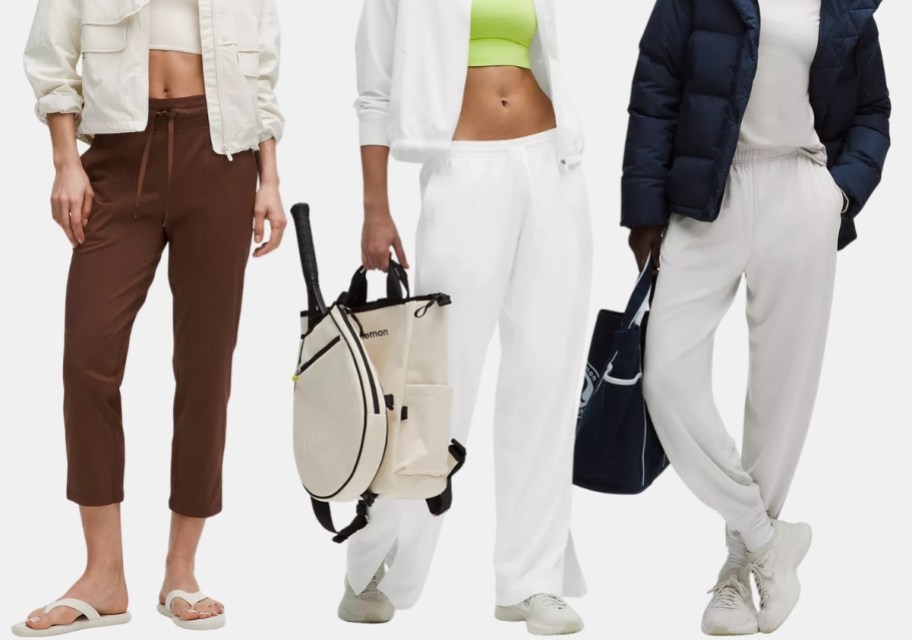 women in 3 different styles of lululemon pants