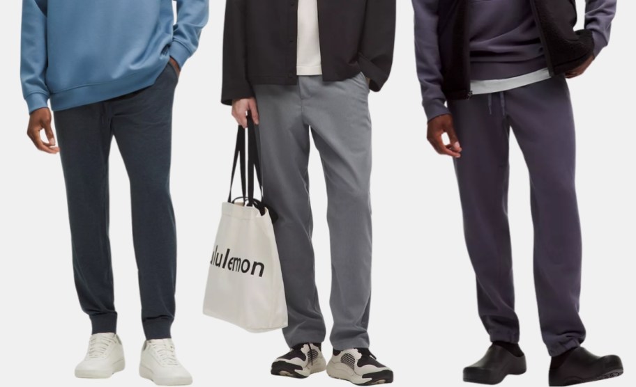 men in 3 different styles of lululemon pants