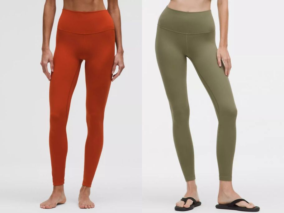 Stock images of two women wearing lululemon Align leggings in burnt orange and olive greens colors