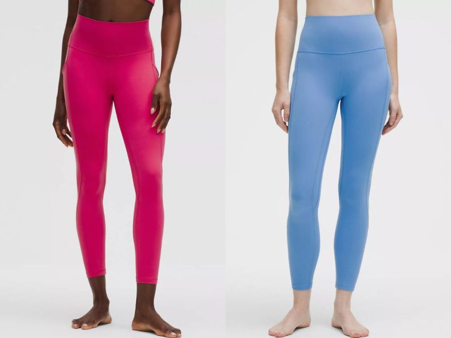 Stock images of two women wearing lululemon align leggings in hot pink and blue