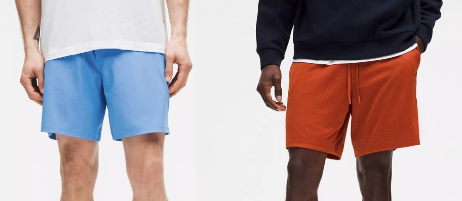 men in blue and orange shorts