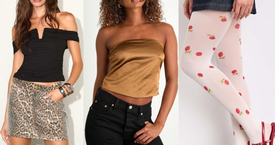 Three fashion styles: a woman in a black off-shoulder top with a leopard print skirt, a woman in a gold strapless top with black jeans, and floral patterned tights.
