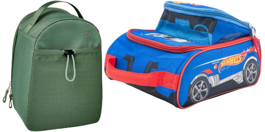 a green lunch kit and a hotwheels car shaped lunch kit