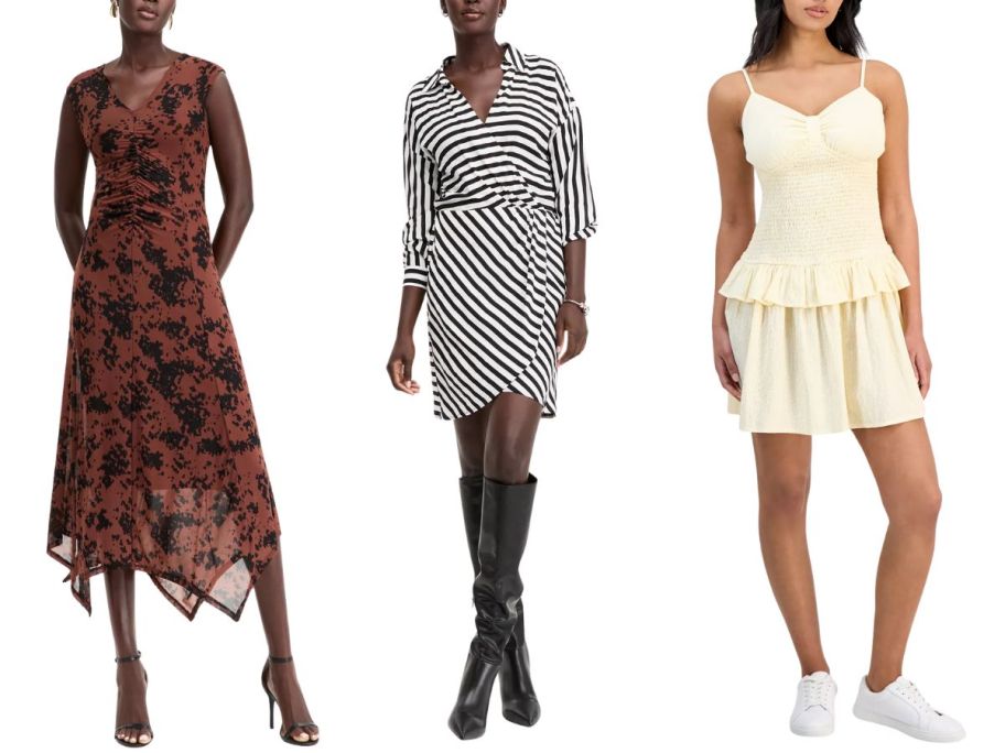 three women wearing dresses