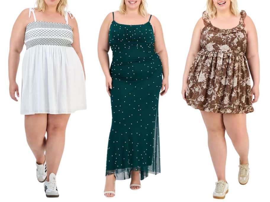 three women wearing dresses