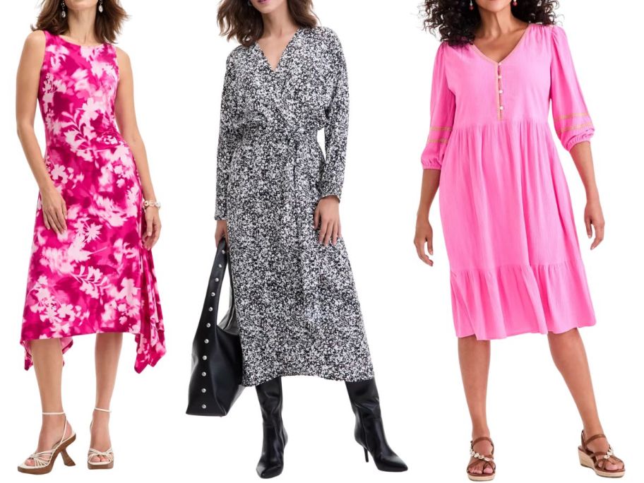 three women wearing dresses