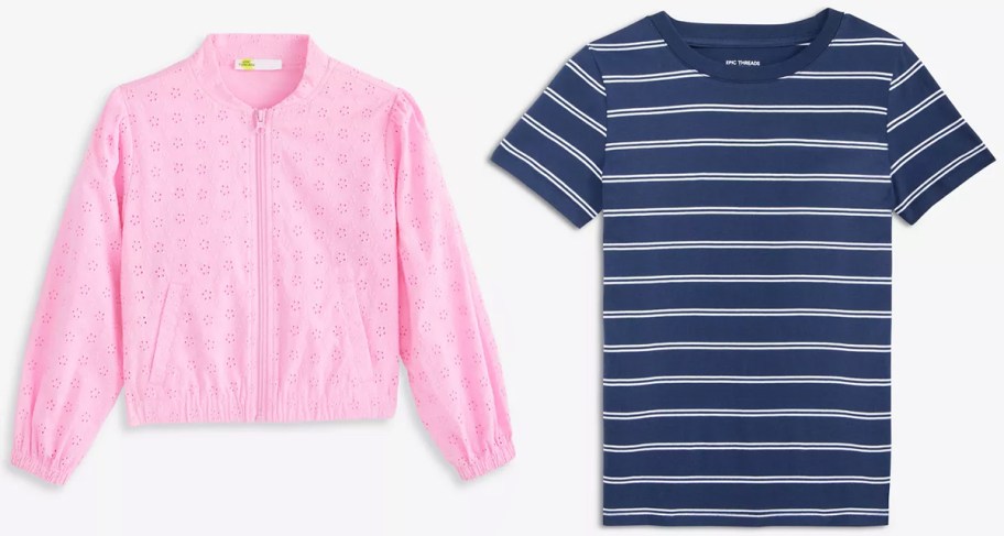 pink bomber jacket and blue striped tee 