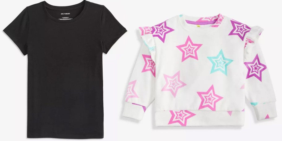 black tee and white star sweater