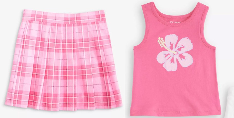 pink plaid skirt and pink flower tank top 