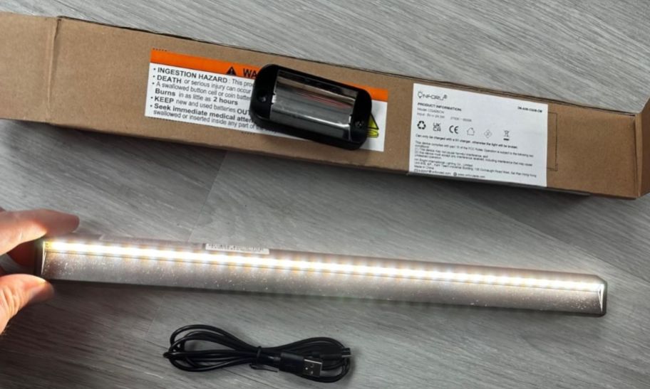 magntic light bar shown with charging cord and mounting bracket