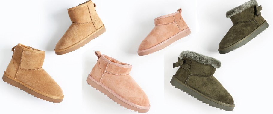 three pairs of boots in different colors