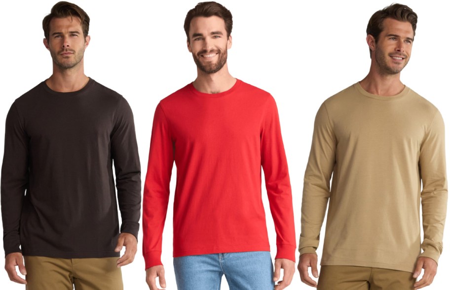 Three men wearing long sleeve shirts. One is black, one is red and one is tan.