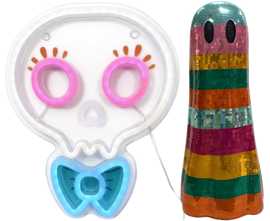 skull faux neon sign and sequined disco ghost