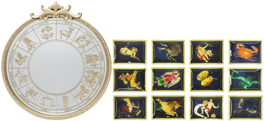 a zodiac mirror and 12 different zodiac plate designs
