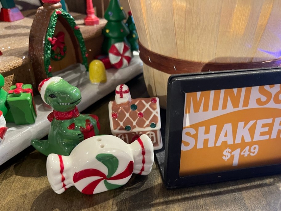 mini candy dino and gingerbread house salt & pepper shakers