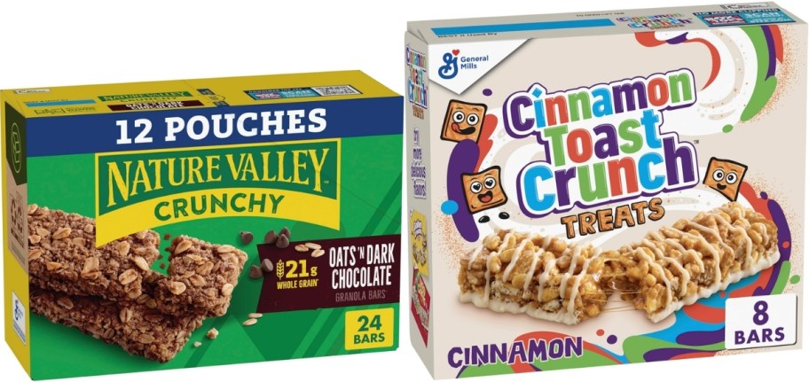 a box of chocolate granola bars and a box of cereal bars