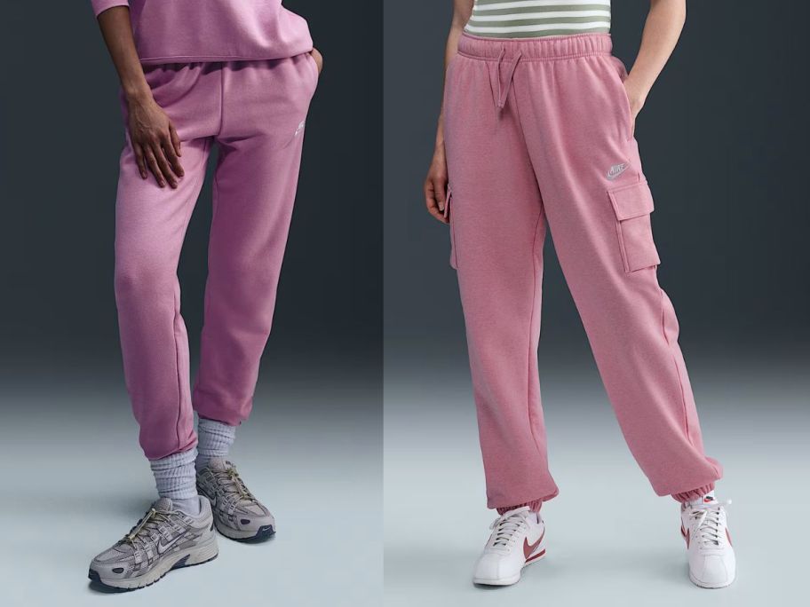 two women wearing purple and pink nike sweatpants