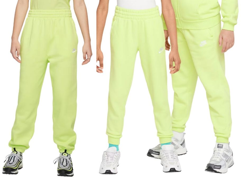 three kids wearing neon green nike sweatpants