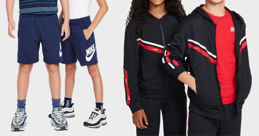four kids wearing nike shorts and sweatshirts