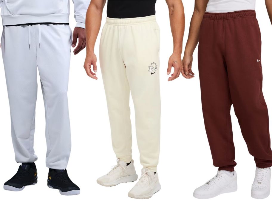 three men wearing grey, cream colored, and red nike sweatpants