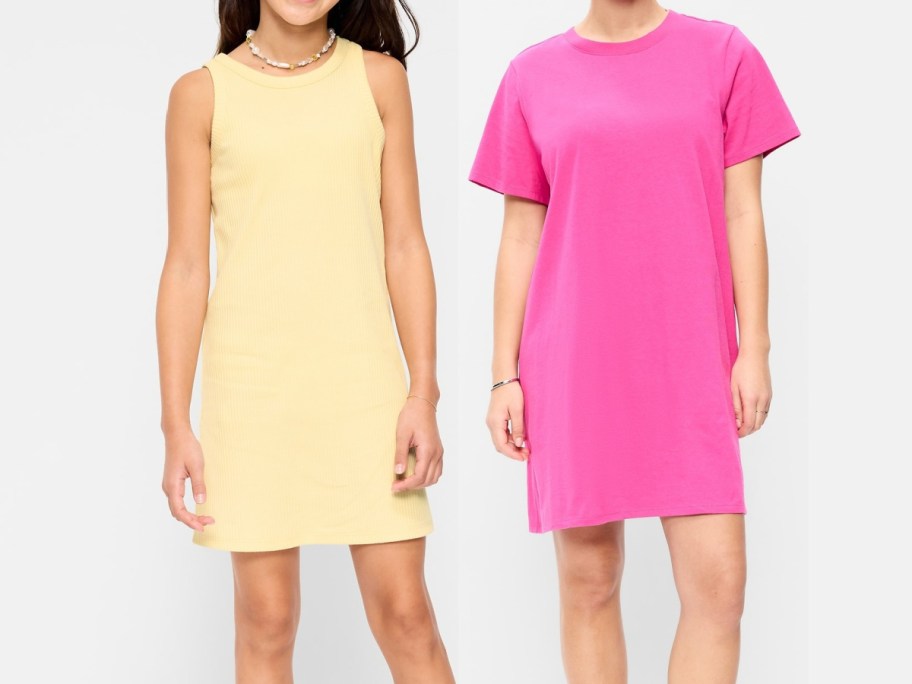 Two girls wearing summer dresses. The left dress is sleeveless and light yellow, while the right is short-sleeved and bright pink.