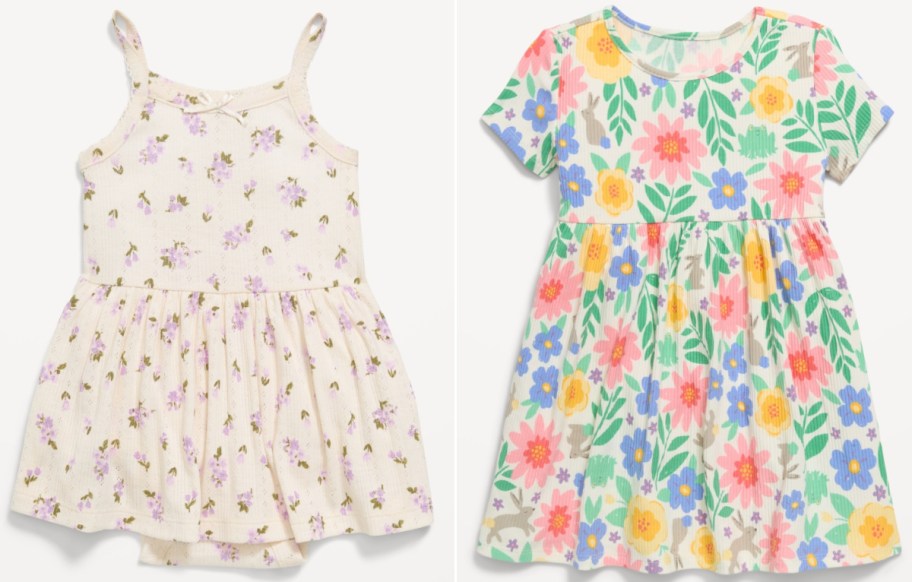 Two girls' dresses are displayed. The left dress is white with small purple floral prints and thin straps. The right dress features vibrant multicolored flowers and short sleeves.
