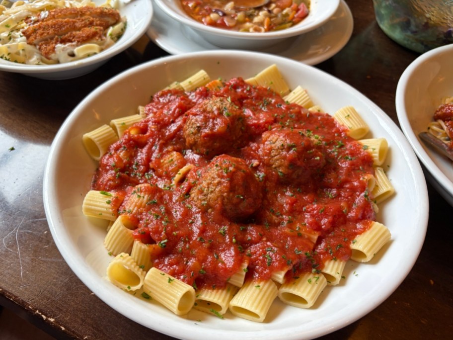 large bowl of rigatoni with red sauce and meatballs