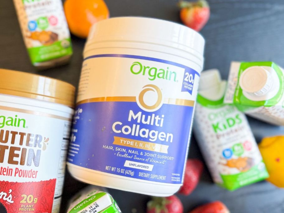 Orgain Hydrolyzed Multi Collagen Powder 15oz on table amongst other orgain products