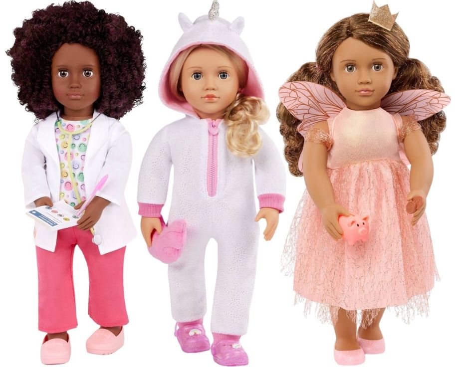 three 18 inch fashion dolls with various accessories