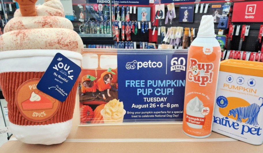 petco pumpkin pup cup sign and ingredients on display