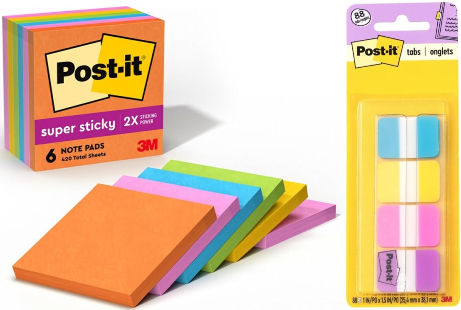 Brightly colored Post-it notes and tabs are shown. The pack includes six sticky notepads in various vibrant colors and a packet of colorful tab markers.