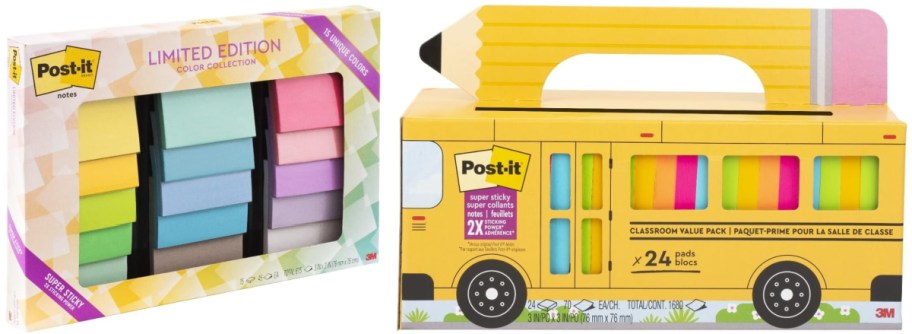A Post-it Notes set featuring a limited edition color collection in pastel shades on the left. On the right, a school bus-themed box containing multiple sticky note pads and a yellow pencil-shaped handle.