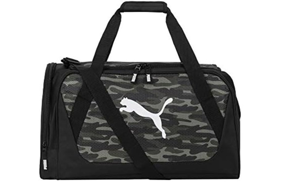 gray and black camo puma duffel bag