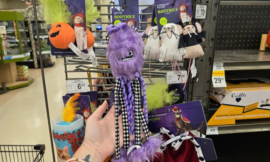 a womans hand holding a purple spider dog toy