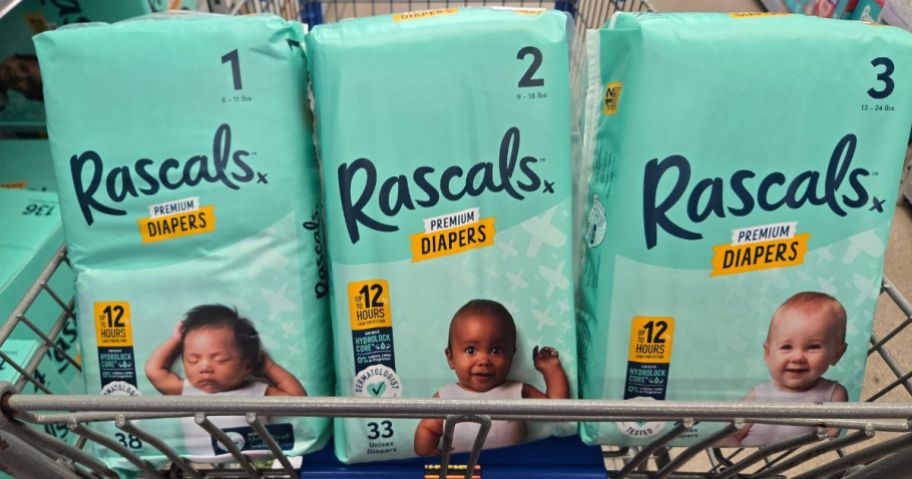 rascals diaper packages in cart in store