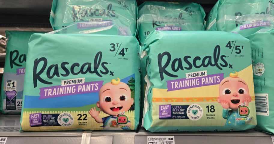 rascals training pants packages on shelf in store