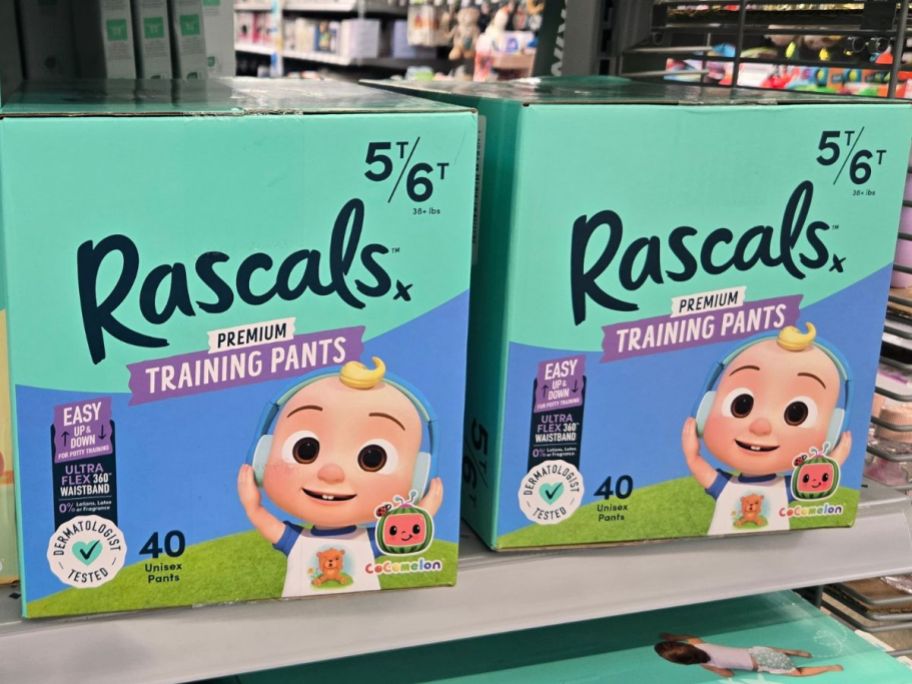 Rascals Premium CoComelon Absorbent Potty Training Pants 5T-6T 40-Count boxes on shelf in store
