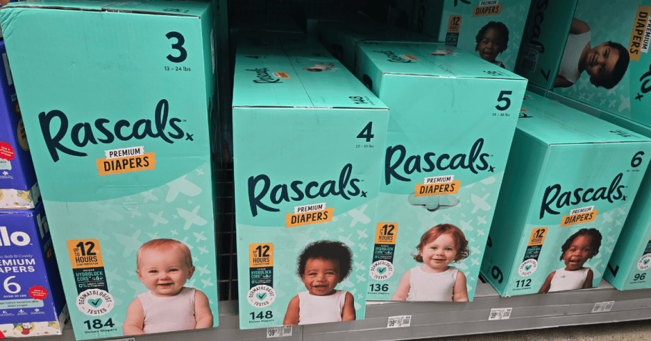 rascals boxes of diapers on walmart shelves