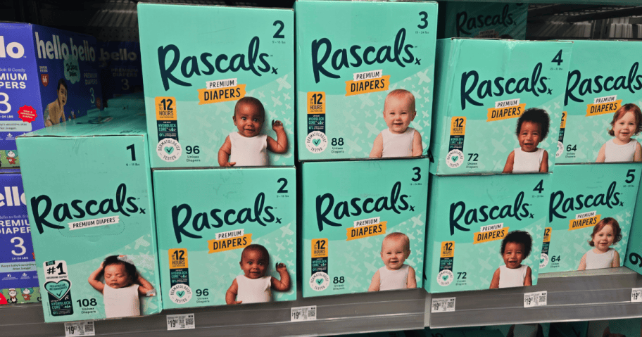 rascals diaper boxes on walmart shelves