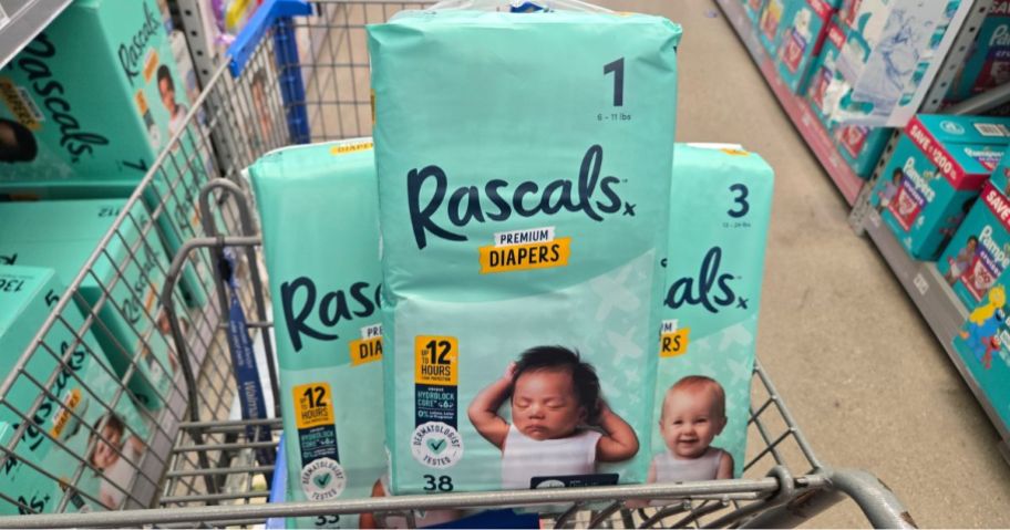rascals diaper packages in cart in store