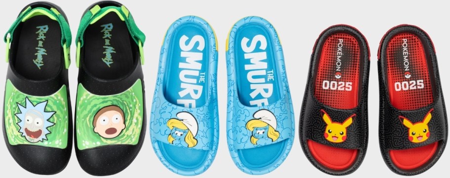 a pair of rick & morty clogs, smurfette slide and pickachu slides