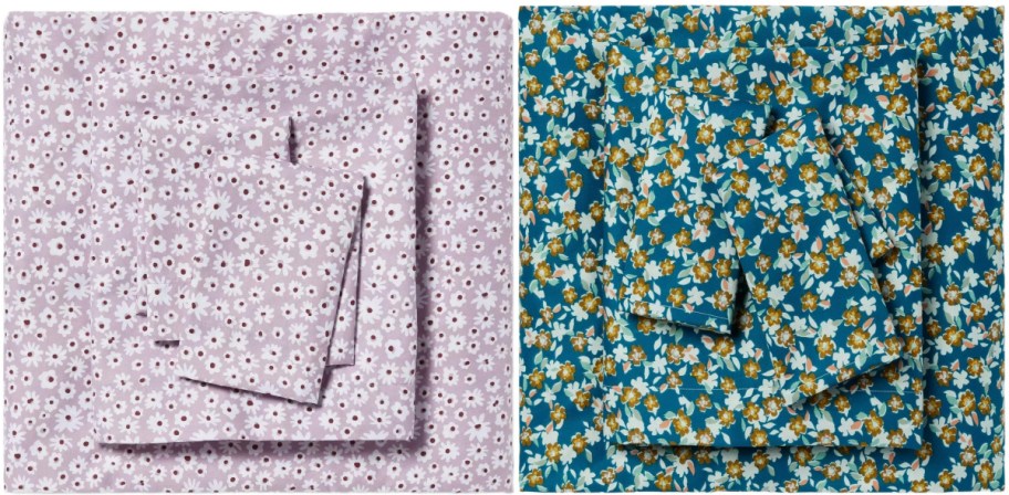Two sets of floral print sheets are displayed. The left is lavender with white flowers, and the right is teal with yellow and white flowers. Both sets are folded neatly.