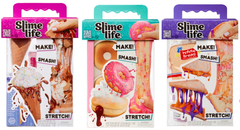 three slime life boxes that look like ice cream, donuts, and pb&j