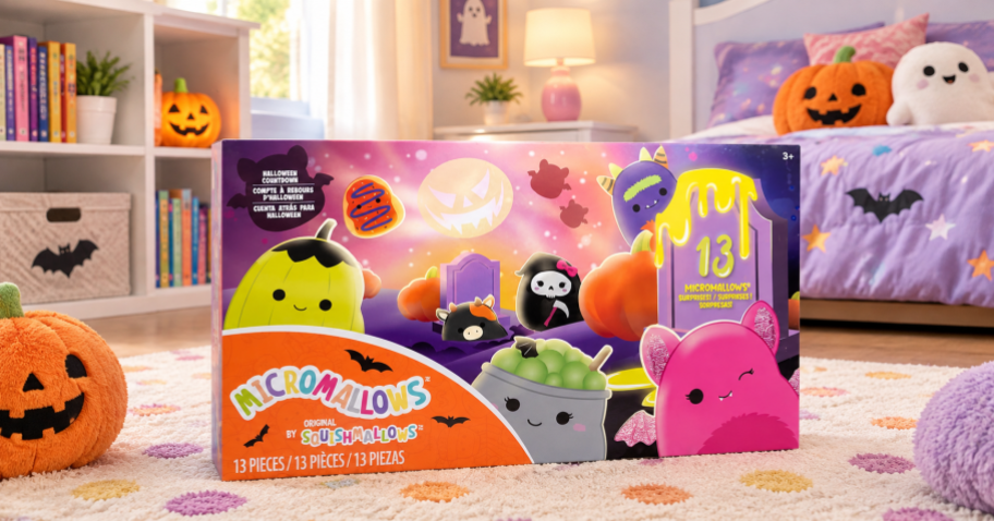 squishmallows halloween calendar in a child's bedroom decorated for halloween
