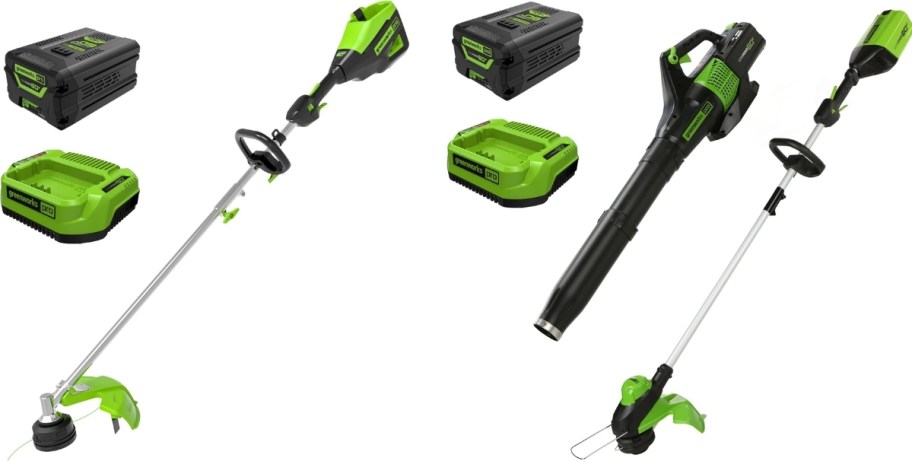 two string trimmers with accessories
