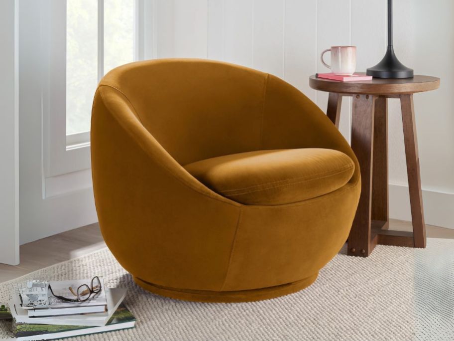 brown Better Homes & Gardens Mira Swivel Accent Chair in living room