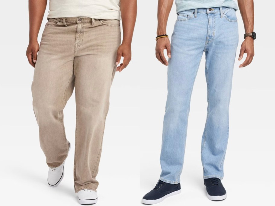 two men wearing tan and blue pants